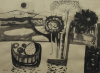 Fedden, Mary RA (1915 - 2012): Landscape with still life, signed and dated 1971, ink on paper, 27.2 x 37 cms. Given by Mrs Naomi G. Weaver through the Art Fund. © Mary Fedden RA care of Portland Gallery, London.