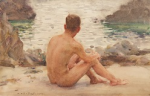 Tuke, Henry Scott, RA RWS (1858-1929): Charlie seated on the Sand, signed and dated 1907, watercolour, 14 x 21.5 cms. RCPS Tuke Collection. Loan.
